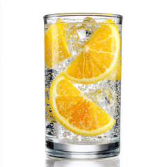 Zero-sugar soda glass with citrus slices, fizzy bubbles snapshot, premium refreshment scene