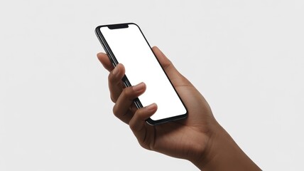Hand holding smartphone : A close-up shot of an elegant hand delicately grasping a sleek smartphone, its blank screen offering limitless possibilities.