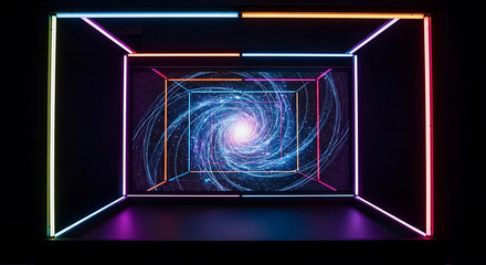 A vibrant neon-lit tunnel with a swirling galaxy at its center