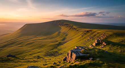 A serene mountain landscape with green grass and rocks at sunset