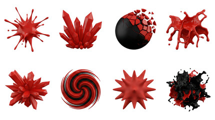 Abstract red and black 3D shape set including crystals, liquid splashes, sphere fragments, and spiral swirls isolated. Decorative elements for graphic design and motion projects.