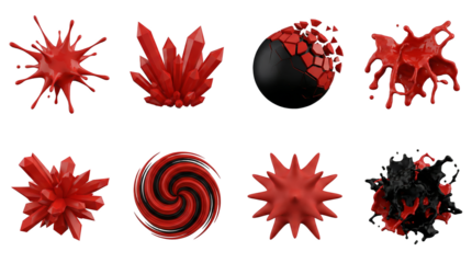 Abstract red and black 3D shape set including crystals, liquid splashes, sphere fragments, and spiral swirls isolated. Decorative elements for graphic design and motion projects.