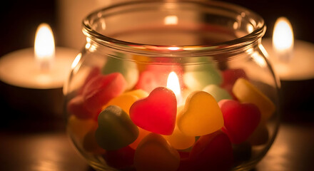 A romantic ambiance created by a jar of heart-shaped candies and lit candles in the background.