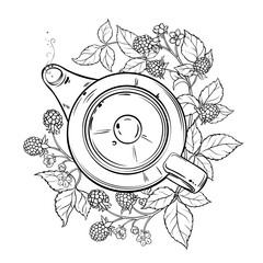 Blackberry Tea in Teapot Outline Illustration.