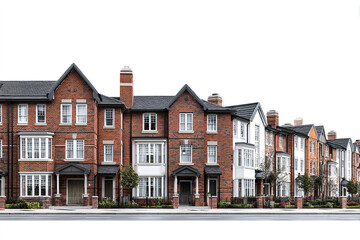 Fototapeta premium Brick townhouse row suburban residential buildings with chimneys and large windows in contemporary design, featuring repeating patterns and clean street view