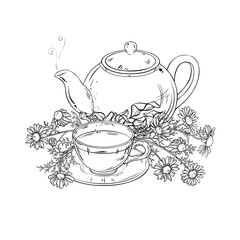Chamomile Tea in Teapot Outline Illustration.