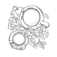 Cherry Tea in Teapot Outline Illustration.