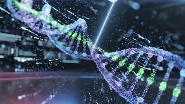 Glowing dna strand molecular helix genetic sequence biotechnology laboratory visualization colorful digital DNA helix visualization futuristic laboratory environment conveying innovation