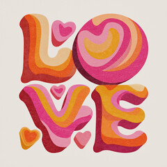 Retro Love Text Graphic Design in 70s Groovy Hippie Style with Hearts 