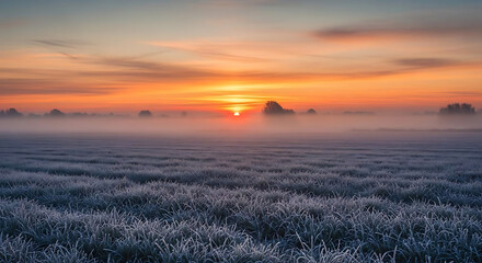 A serene landscape of a frosty field at sunrise with a vibrant sky