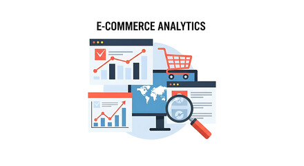 A graphic illustration of e-commerce analytics with various digital elements