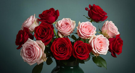 A beautiful bouquet of red and pink roses in a vase on a dark background