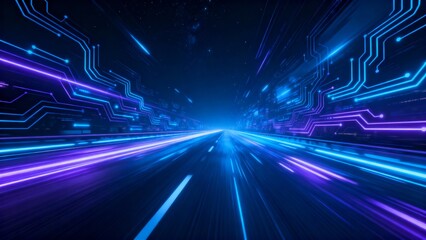 Technology speed motion concept panoramic high speed futuristic abstract background with dynamic light on road featuring neon blue purple glow conveying digital energy innovation virtual space and acc