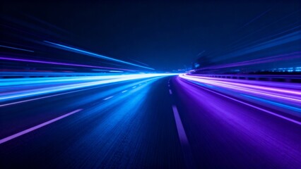 Panoramic high-speed technology concept, dynamic light abstract background. Fast motion on road, vibrant neon blue, purple glow. Abstract futuristic website, application design, gaming template, compu
