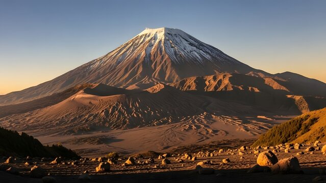 Volcanic peak at sunrise with golden light snowcapped summit rocky terrain and dramatic sky in remote wilderness - Powered by Adobe