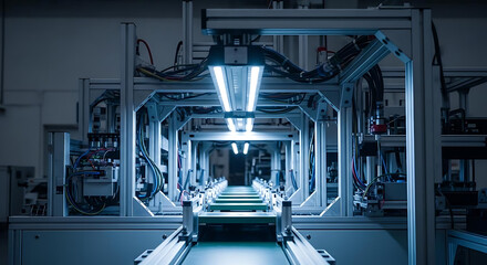 A modern industrial production line with machinery and lighting in a factory setting