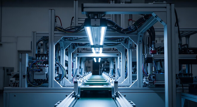 A modern industrial production line with machinery and lighting in a factory setting
