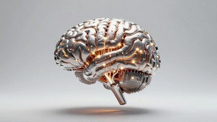 Metallic brain with glowing neural circuitry