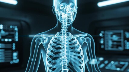 Transparent human skeleton medical scan diagnostic lab showing ribcage spine skull and shoulder bones with glowing blue overlay and clinical monitoring equipment background spine and ribcage xray