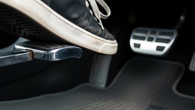 Close up of foot on car accelerator pedal.