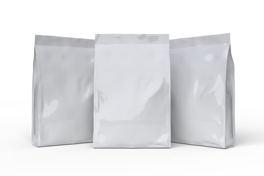 Blank white standing plastic foil pouch mockup, realistic flexible packaging isolated on background for product branding, food packaging design presentation snack wrappers, chips, cookies or pet food