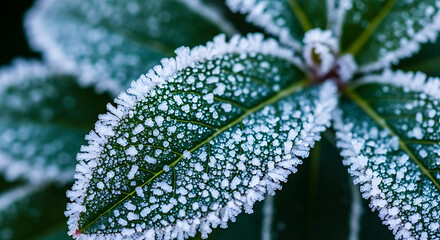 A close-up view of frost-covered leaves on a cold winter morning