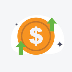 Dollar coin with growth arrow. Investment, financial transaction, business and financial growth concept. Cartoon minimal style.