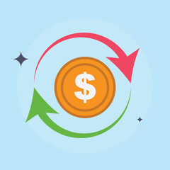 Return of investment icon set. Dollar symbols with arrow. Cost of dollar with arrow down and up. Coin of dollar with loss or growth. Increase and low of revenue. 