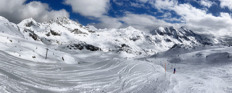 Panorama of winter mountain landscepe with ski slope in Autria Alps, Obertauern