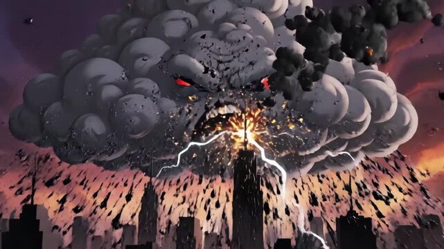 Ominous storm cloud raining black liquid and lightning strikes over a dark city at sunset. Concept of climate crisis