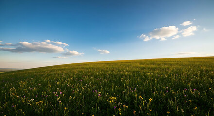 A serene landscape of a green field with wildflowers under a blue sky with fluffy clouds