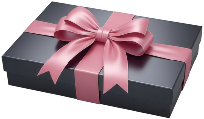 Sleek black rectangular gift box with pink satin ribbon and large decorative bow