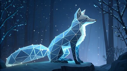 Glowing blue geometric fox in mystical forest at night
