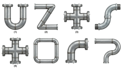 Industrial steel pipe fitting set including alphabet letters U Z cross elbow square and curved shapes. Metal plumbing and manufacturing hardware collection.