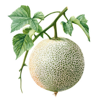 Cantaloupe On A Tree Branch, detailed watercolor clipart vector, isolated on a pure white background.