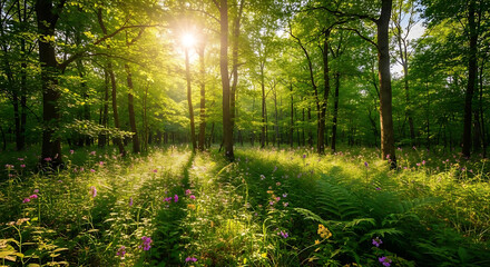 A serene forest landscape with sunlight filtering through the trees and flowers blooming in the underbrush.