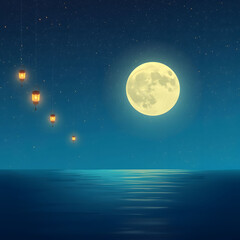 Fototapeta premium Fantasy Moon Over City Silhouette – Nightscape Illustration with Floating Lights
