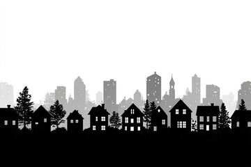 Fototapeta premium Silhouette of residential neighborhood with houses and trees in front of city skyline with tall buildings and towers in grayscale