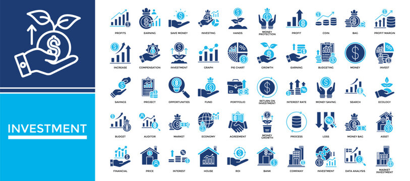 Investment icon set collection. Containing increase, loss, graph, agreement, rate, search, portfolio .Solid vector icons collection