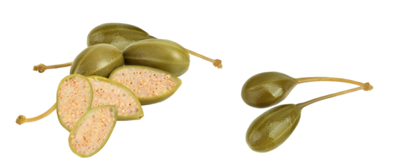 a cluster of green capers, some whole and some sliced to reveal their seed-filled interior, against a transparent background.