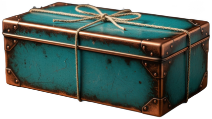 Vintage turquoise metal chest with copper corners and twine string bow