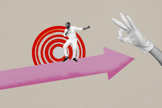Creative 3D photo collage trend artwork of hand glove gesture ok young man stad arrow target purpose up progress strategy goal achievement