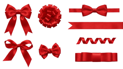 Red satin ribbon set including bows, curls, knots, and straight strips isolated. Decorative gift wrap and holiday ornament collection.