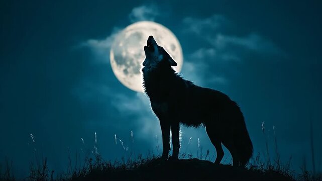 A silhouetted wolf howling at a full moon in a serene night sky.