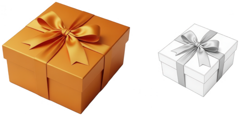 A shiny golden gift box with a matching ribbon and a monochromatic outline drawing of a similar box, depicting elegance and design process