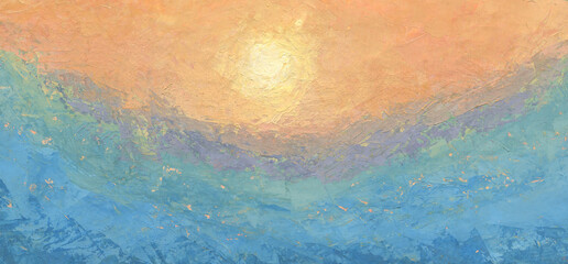 Abstract water background with  sun in impressionist style  Color illustration for your design. Hand-drawn drawing.