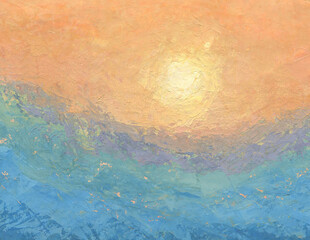Abstract water background with  sun in impressionist style  Color illustration for your design. Hand-drawn drawing.