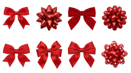 Red bow set including satin, velvet, grosgrain, and metallic gift ribbon styles isolated. Decorative holiday and present wrapping collection.