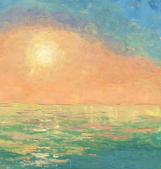 Abstract water background with  sun in impressionist style  Color illustration for your design. Hand-drawn drawing.