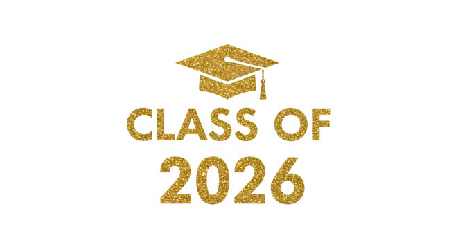 Class of 2026 graduation cap and text with gold glitter on transparent background